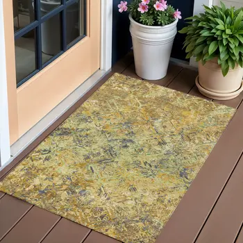 3' X 5' Gold Beige And Gray Geometric Washable Indoor Outdoor Area Rug