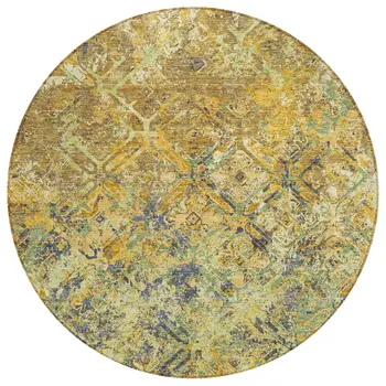 8' Gold Beige And Gray Round Geometric Washable Indoor Outdoor Area Rug