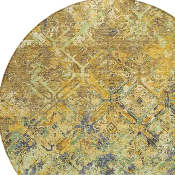 8' Gold Beige And Gray Round Geometric Washable Indoor Outdoor Area Rug