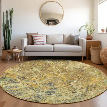 8' Gold Beige And Gray Round Geometric Washable Indoor Outdoor Area Rug