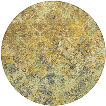 8' Gold Beige And Gray Round Geometric Washable Indoor Outdoor Area Rug