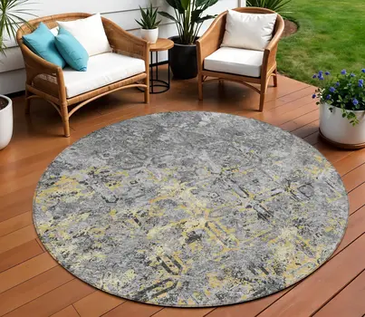 8' Gray Silver And Charcoal Round Geometric Washable Indoor Outdoor Area Rug