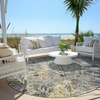 8' Gray Silver And Charcoal Round Geometric Washable Indoor Outdoor Area Rug