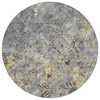 8' Gray Silver And Charcoal Round Geometric Washable Indoor Outdoor Area Rug