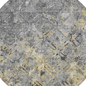 8' Gray Silver And Charcoal Round Geometric Washable Indoor Outdoor Area Rug
