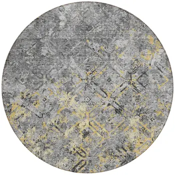 8' Gray Silver And Charcoal Round Geometric Washable Indoor Outdoor Area Rug