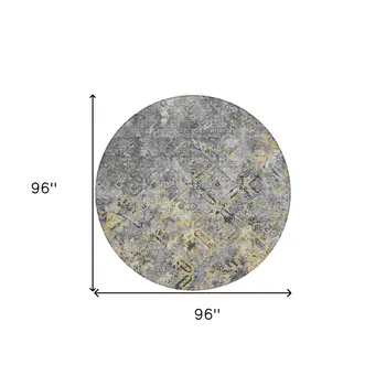 8' Gray Silver And Charcoal Round Geometric Washable Indoor Outdoor Area Rug