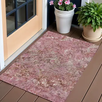 3' X 5' Pink Blush And Mauve Geometric Washable Indoor Outdoor Area Rug
