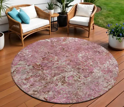 8' Pink Blush And Mauve Round Geometric Washable Indoor Outdoor Area Rug