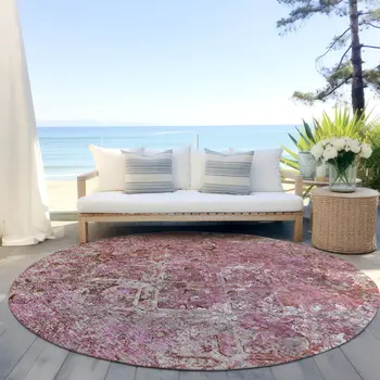 8' Pink Blush And Mauve Round Geometric Washable Indoor Outdoor Area Rug