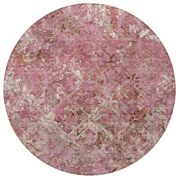 8' Pink Blush And Mauve Round Geometric Washable Indoor Outdoor Area Rug
