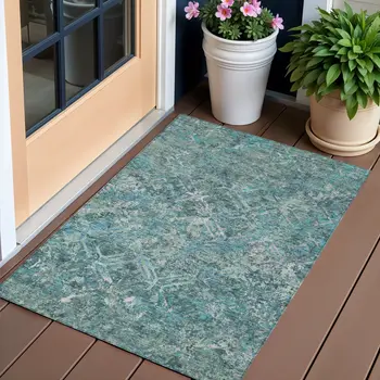 3' X 5' Sage Teal Blue And Gray Geometric Washable Indoor Outdoor Area Rug