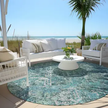 8' Sage Teal Blue And Gray Round Geometric Washable Indoor Outdoor Area Rug