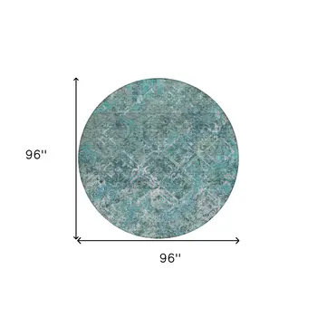 8' Sage Teal Blue And Gray Round Geometric Washable Indoor Outdoor Area Rug
