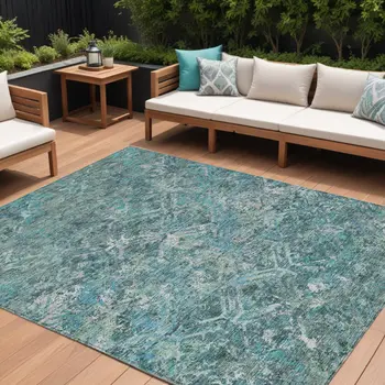 10' X 14' Sage Teal Blue And Gray Geometric Washable Indoor Outdoor Area Rug