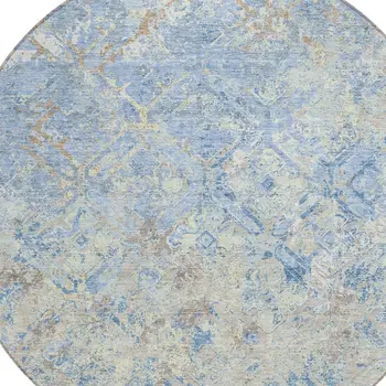 8' Sky Blue And Denim Blue Round Geometric Washable Indoor Outdoor Area Rug