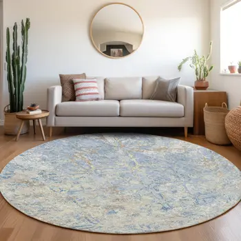 8' Sky Blue And Denim Blue Round Geometric Washable Indoor Outdoor Area Rug