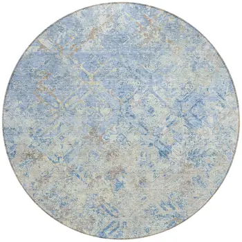 8' Sky Blue And Denim Blue Round Geometric Washable Indoor Outdoor Area Rug