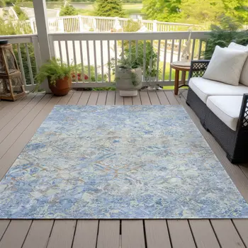 8' X 10' Sky Blue And Denim Blue Geometric Washable Indoor Outdoor Area Rug