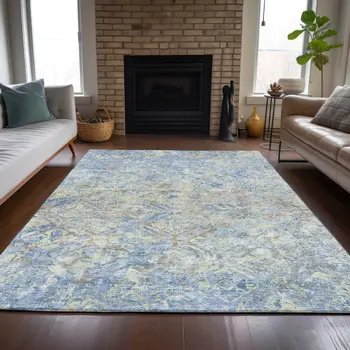 8' X 10' Sky Blue And Denim Blue Geometric Washable Indoor Outdoor Area Rug