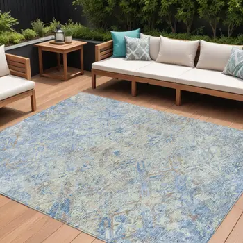 9' X 12' Sky Blue And Denim Blue Geometric Washable Indoor Outdoor Area Rug