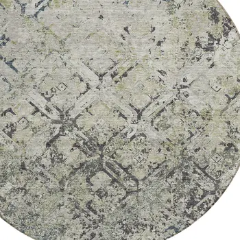 8' Silver Gray And Charcoal Round Geometric Washable Indoor Outdoor Area Rug