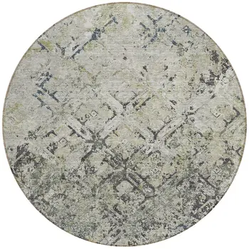 8' Silver Gray And Charcoal Round Geometric Washable Indoor Outdoor Area Rug