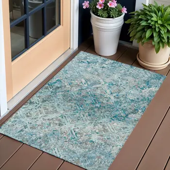 3' X 5' Teal Blue Gray And Charcoal Geometric Washable Indoor Outdoor Area Rug