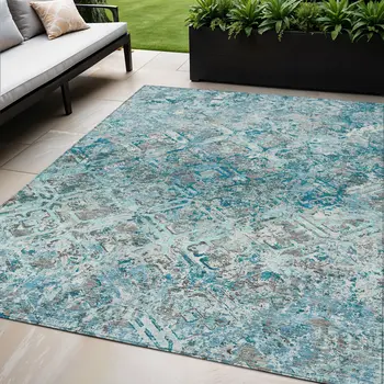 5' X 8' Teal Blue Gray And Charcoal Geometric Washable Indoor Outdoor Area Rug