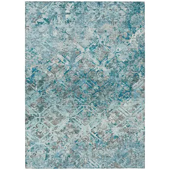 5' X 8' Teal Blue Gray And Charcoal Geometric Washable Indoor Outdoor Area Rug