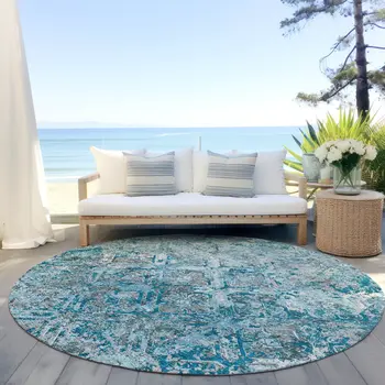 8' Teal Blue Gray And Charcoal Round Geometric Washable Indoor Outdoor Area Rug