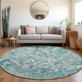8' Teal Blue Gray And Charcoal Round Geometric Washable Indoor Outdoor Area Rug