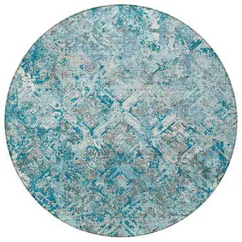8' Teal Blue Gray And Charcoal Round Geometric Washable Indoor Outdoor Area Rug