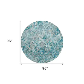 8' Teal Blue Gray And Charcoal Round Geometric Washable Indoor Outdoor Area Rug