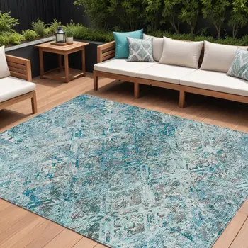 9' X 12' Teal Blue Gray And Charcoal Geometric Washable Indoor Outdoor Area Rug