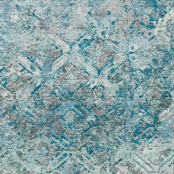 9' X 12' Teal Blue Gray And Charcoal Geometric Washable Indoor Outdoor Area Rug