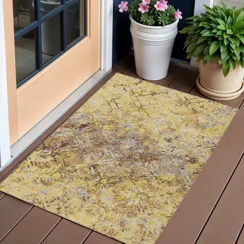 3' X 5' Wheat Gold And Gray Geometric Washable Indoor Outdoor Area Rug