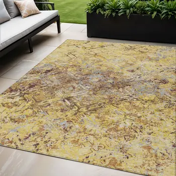 5' X 8' Wheat Gold And Gray Geometric Washable Indoor Outdoor Area Rug