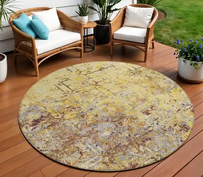 8' Wheat Gold And Gray Round Geometric Washable Indoor Outdoor Area Rug
