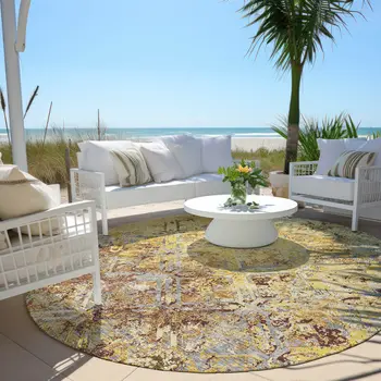 8' Wheat Gold And Gray Round Geometric Washable Indoor Outdoor Area Rug