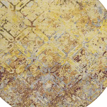 8' Wheat Gold And Gray Round Geometric Washable Indoor Outdoor Area Rug