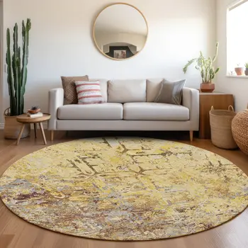 8' Wheat Gold And Gray Round Geometric Washable Indoor Outdoor Area Rug