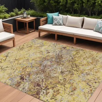 8' X 10' Wheat Gold And Gray Geometric Washable Indoor Outdoor Area Rug