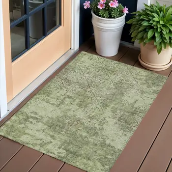 3' X 5' Artichoke Green And Fern Green Floral Washable Indoor Outdoor Area Rug