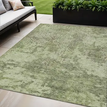5' X 8' Artichoke Green And Fern Green Floral Washable Indoor Outdoor Area Rug
