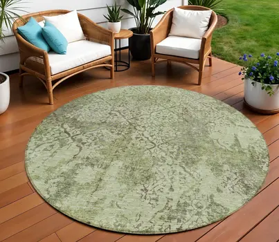 8' Artichoke Green And Fern Green Round Floral Washable Indoor Outdoor Area Rug
