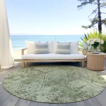 8' Artichoke Green And Fern Green Round Floral Washable Indoor Outdoor Area Rug