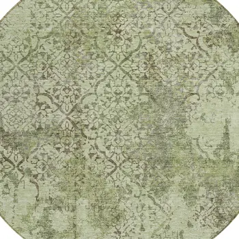 8' Artichoke Green And Fern Green Round Floral Washable Indoor Outdoor Area Rug