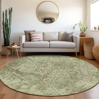 8' Artichoke Green And Fern Green Round Floral Washable Indoor Outdoor Area Rug