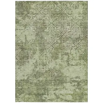 9' X 12' Artichoke Green And Fern Green Floral Washable Indoor Outdoor Area Rug